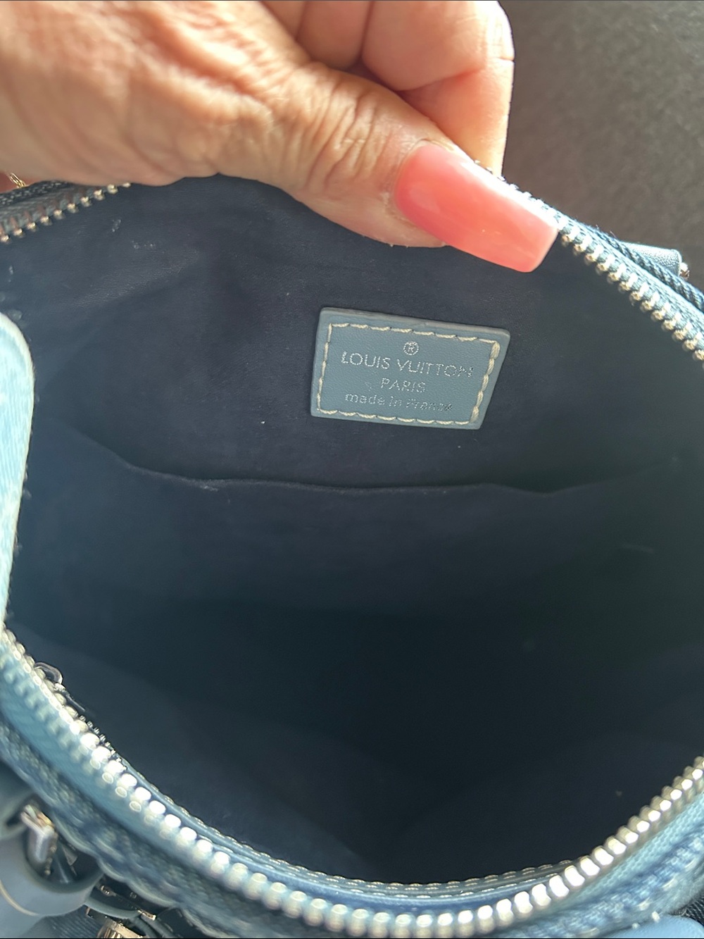 Dark Blue Denim Monogram Satchel with Shoulder Strap.  Size 25 - Picture 6 of 9